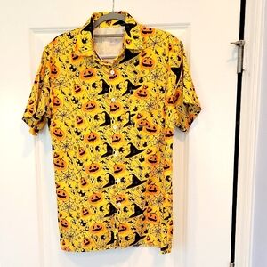 KYKU Men's Halloween Button Up Shirt Pumpkin Ghost Spider Witches Hat Medium